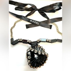 MARNI Statement Pendant Black Rhinestone Bling Chain Ribbon Necklace Designer